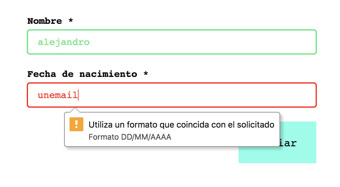 Mensajes de validación de formularios en Chrome